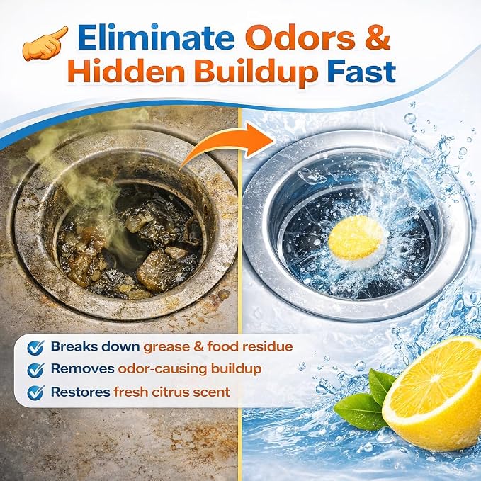 Garbage Disposal Cleaner Tablets – Citrus Foaming Tablets for Sink & Drain Deodorizing | 24 Pack, 1 Year Supply | Removes Odor, Grease & Food Buildup | Fits All Disposals