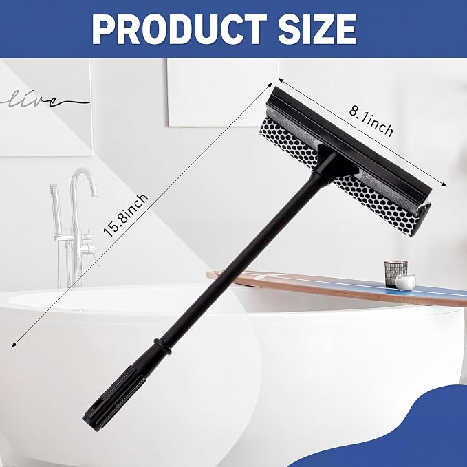 Zhengmy 2 Pcs 15.8" Window Squeegee with Long Handle for Car, 2 in 1 Car Window Cleaning Tool, Sponge Squeegee Windshield for Gas Station, Home, Auto, Glass, Shower, Outdoor High Windows Cleaning