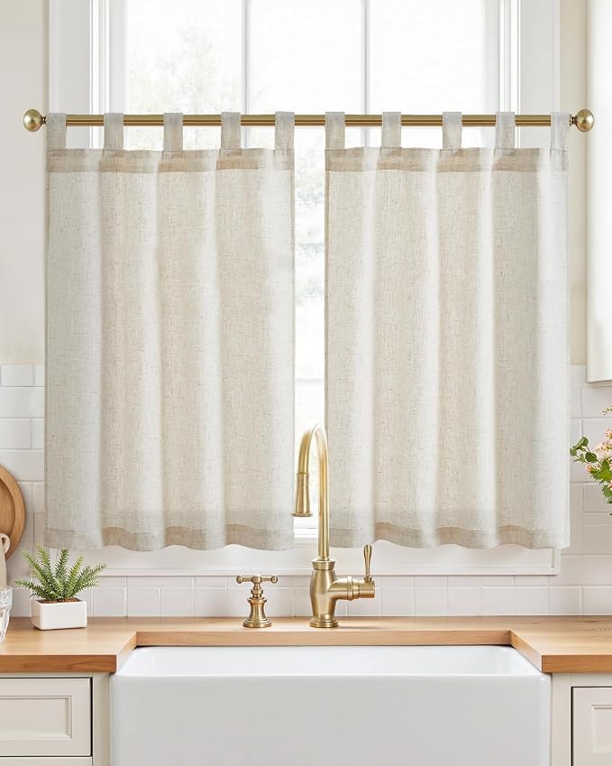 jinchan Linen Tier Curtains, Tab Top, 26x36, 2 Panels, Natural | Light filtering, linen blend, farmhouse style, rustic decor, cafe curtain, kitchen, bathroom, laundry room, RV, small windows