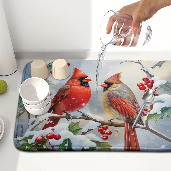 Winter Cardinal Birds Dish Drying Mat, Holly Berry Branches Dish Drying Mat for Kitchen Counter, Red Birds Absorbent Fast Dry Dish Drainer Mat Protector Xmas Microfiber Dish Drying Pad 16x18 Inch