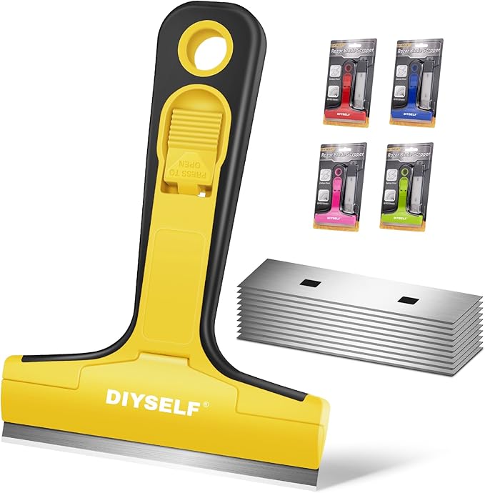 DIYSELF Floor Scraper with 10 Extra 4" Razor Blades, Razor Scraper Tool | Razor Scraper Tool for Cleaning, Glass Stove Top Scraper, Window Scraper, Paint, Cooktop, Oven Scraper, Yellow