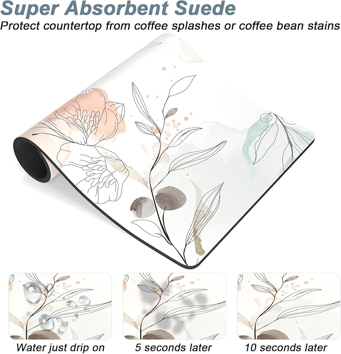 Rnivvi Coffee Mat, 12" x 19" Cute Coffee Bar Mats for Espresso Machine Station Accessories and Organizer, Hide Stain Rubber Backed Absorbent Dish Drying Pad for Kitchen Counter, Watercolor Flowers