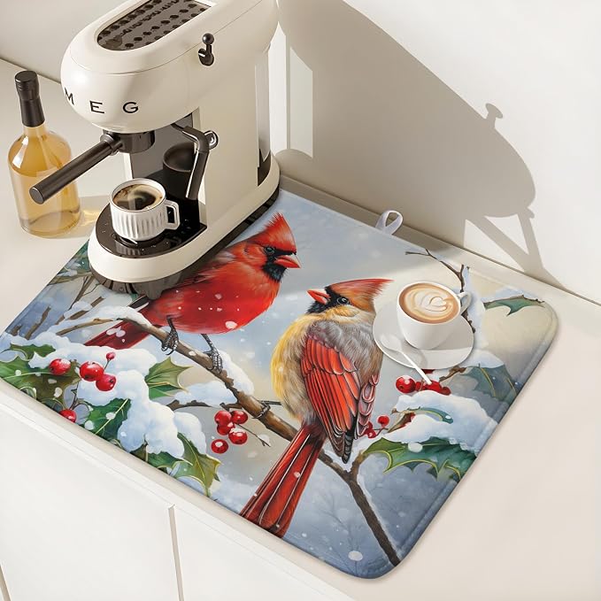 Winter Cardinal Birds Dish Drying Mat, Holly Berry Branches Dish Drying Mat for Kitchen Counter, Red Birds Absorbent Fast Dry Dish Drainer Mat Protector Xmas Microfiber Dish Drying Pad 16x18 Inch