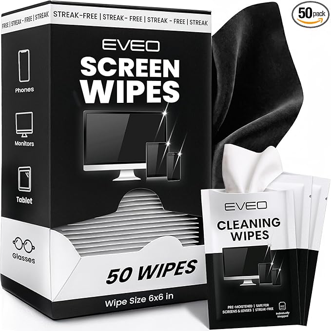 EVEO Screen Wipes - Electronic Wipes, Computer Screen Cleaner Wipes for Electronics | Computer Screen Wipes Phone Wipes & Lens Wipes for PC, Laptop, Phone, Car & More - Microfiber Included (50 Pack)