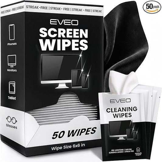 EVEO Screen Wipes - Electronic Wipes, Computer Screen Cleaner Wipes for Electronics | Computer Screen Wipes Phone Wipes & Lens Wipes for PC, Laptop, Phone, Car & More - Microfiber Included (50 Pack)