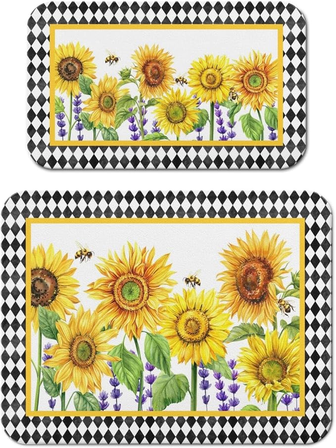 Dish Drying Mat 2-Pack in Sunflower Bee for Kitchen Counter Dishes Mat | Diatom Mud Mats (18x24, 19.5x12"). Non-slip rubber back for kitchen counter, coffee bar & sink scenes