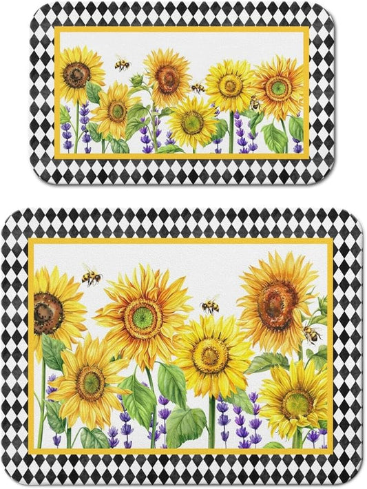 Dish Drying Mat 2-Pack in Sunflower Bee for Kitchen Counter Dishes Mat | Diatom Mud Mats (18x24, 19.5x12"). Non-slip rubber back for kitchen counter, coffee bar & sink scenes