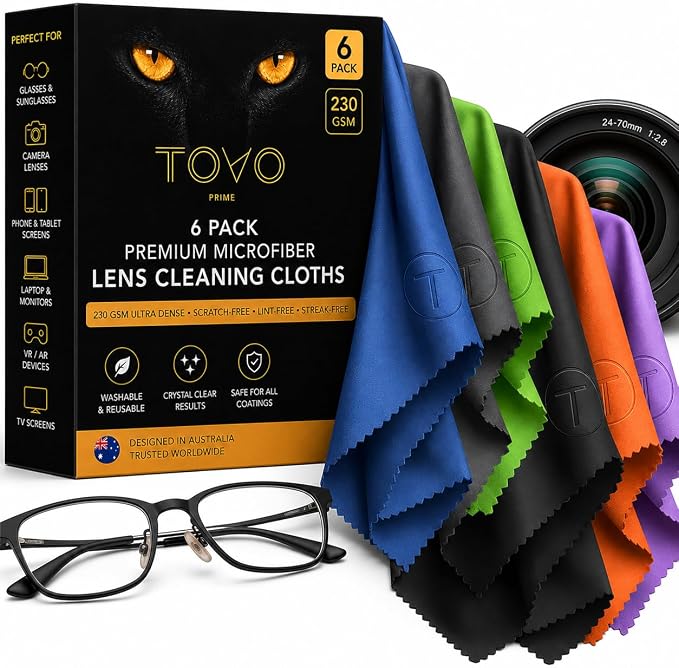 Microfiber Cleaning Cloth – 6 Pack, 230 GSM Ultra Soft Lens Cloth for Glasses, Camera & Screens, Streak-Free, Lint-Free, Scratch-Safe (6x7 Inch)