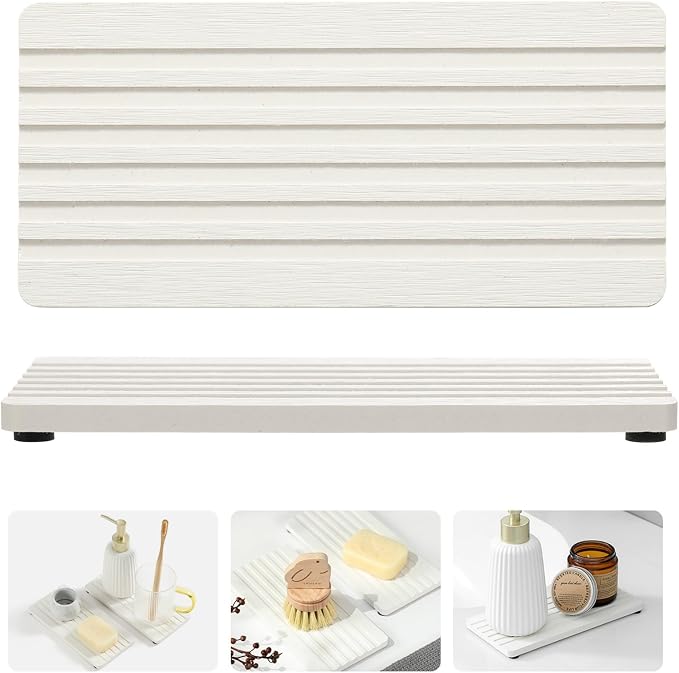 Razborci 2PCS Diatomite Quick Stone Drying Tray Mat for Bathroom & Kitchen Counter, Instant Dry Water Absorbent Drink Bar Coasters,Vanity Sink Caddy Organizer,Dish Soap Sponge Holder, Ivory,8"x3.8"