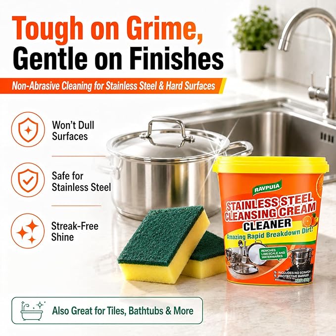 STAINLESS STEEL CLEANER & POLISH - Heavy Duty Cleaning Paste for Stove, Oven, Pans, Cookware, Sink | All Purpose Multi-Purpose Household Cleaner | Removes Grease & Stains | with 2 Sponges (500g)