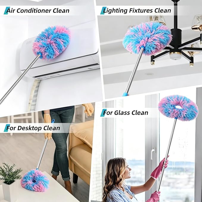 DRQ Ceiling Fan Cleaner Duster, 2 Pack Reusable Microfiber Duster with Extension Pole, 13 to 48 Inch Fan Blade Cleaner, Removable Dusters for Cleaning Walls Bookshelves Door Window Top (Blue Pink)