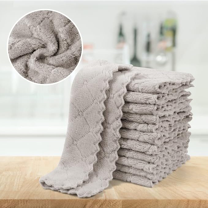 UMANI 12 Pack Kitchen Dish Cloths, Ultra Soft Absorbent Quick Drying Dish Towels, Nonstick Oil Microfiber Cleaning Cloth, Machine Washable Coral Fleece Cleaning Rags (Grey)