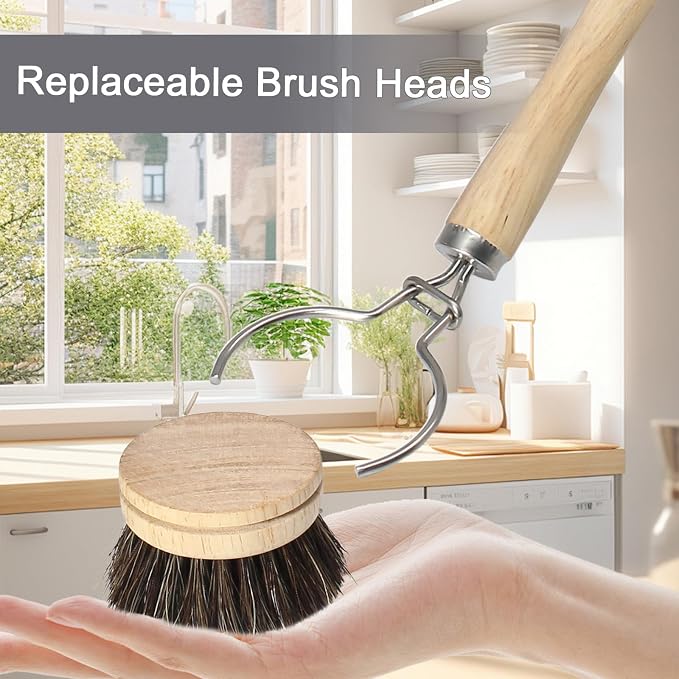 Wooden Dish Brush Set, 4 Natural Bristle Replacement Heads with 1 Sturdy Wooden Handle, Horsehair Kitchen Scrub Brush for Pots, Pans, Vegetables and Cookware