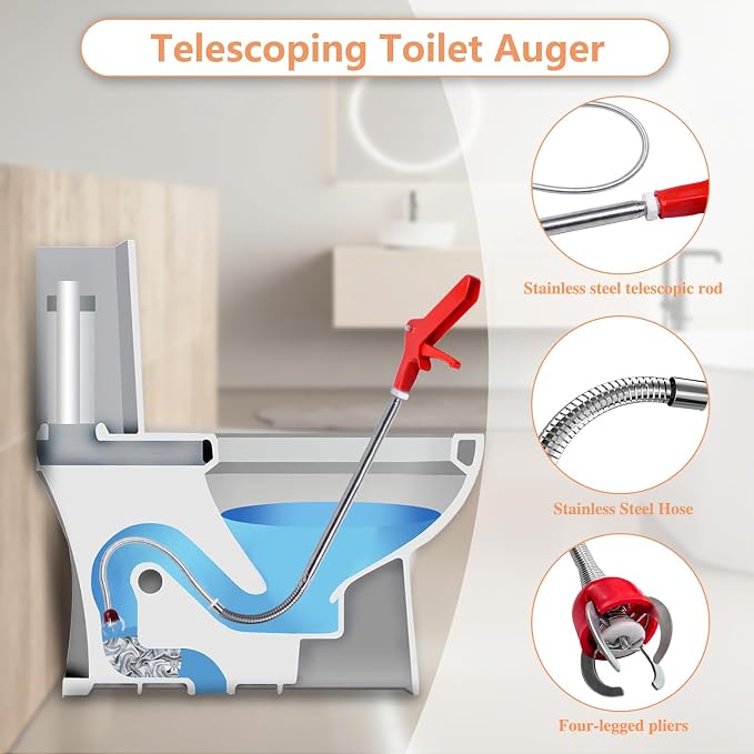 Toilet Auger/Drain Clog Remover Tool Kit-1PCS Toilet Snake Grabber,2PCS Drain Snake Hair Remover＆1PCS AC Drain Line Cleaner Tool for Blocking and Cleaning Toilets, Kitchen Sinks, Bath Tubs and Sewers