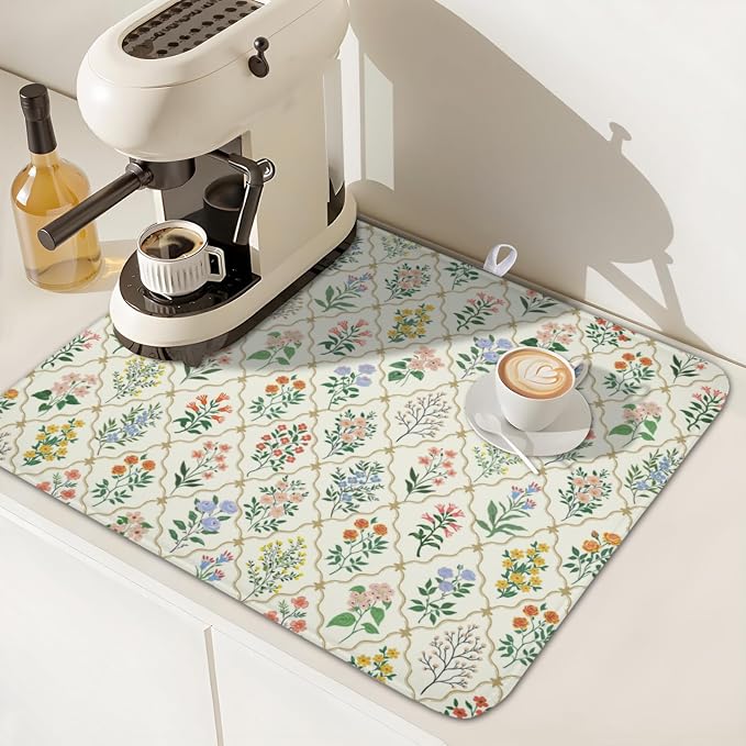 Floral Dish Drying Mat for Kitchen Counter Spring Summer Wild Flowers Diamond Pattern Microfiber Dish Drainer Mat Rustic Absorbent Washable Drying Pad 16"x18"