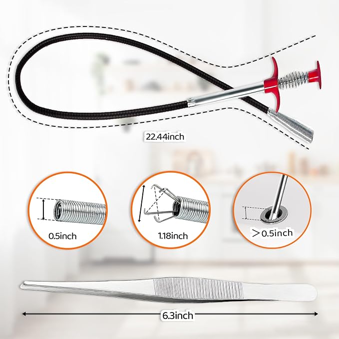 Flexible Grabber Claw (4 Claws), Drain Snake with Tweezers, Bendable Hose Grabber Reacher Tool, Retractable Drain Clog Remover Tool, Pickup Tool for Bath Tub, Toilet, Kitchen Sink & Sewer (24 inches)