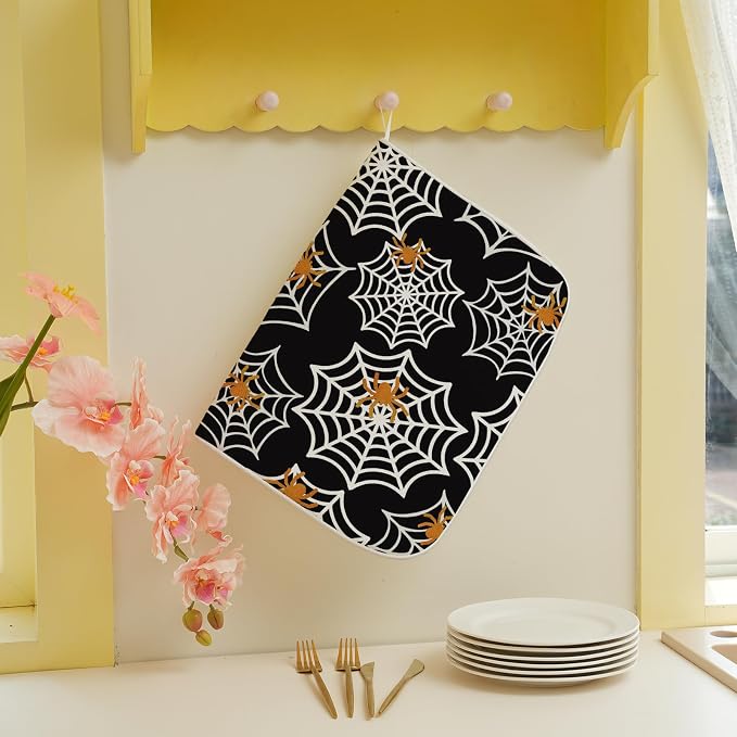 Halloween Dish Drying Mat 18x24 Inch Black Orange Golden Spider Webs Drying Mat Fall Autumn Holiday Absorbent Dish Drying Pad Dish Rack Drainer Mats for Kitchen Dining Counter
