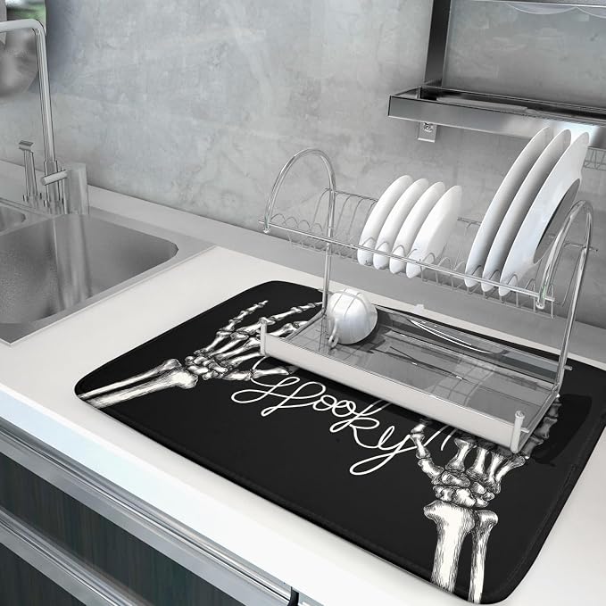 Halloween Dish Drying Mat for Kitchen Counter Spooky Skeleton Festival Microfiber Absorbent Dish Draining Reusable Washable Foldable Extra Large 18"x24"