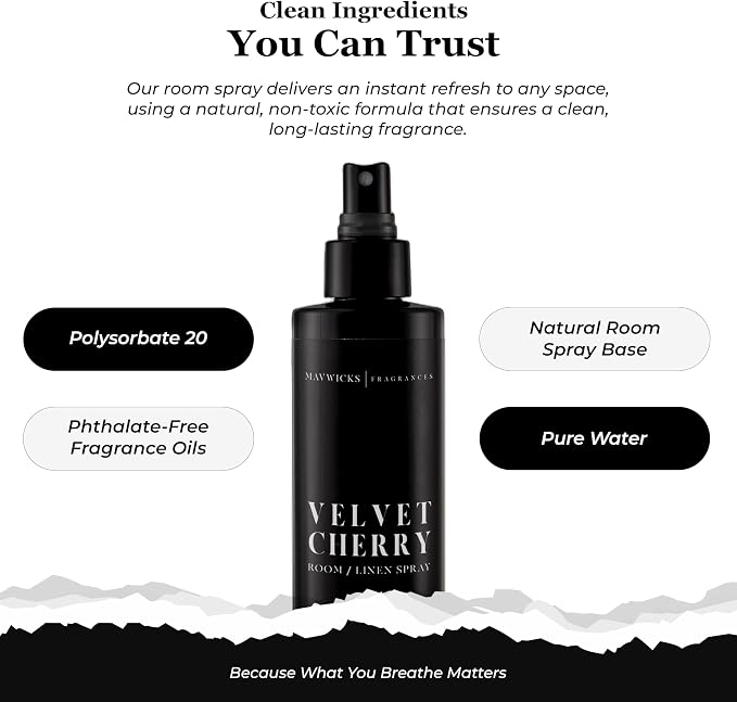 Mavwicks Fragrances - (Velvet Cherry) Linen & Room Spray (8oz) – Bedroom & Home Fragrance Mist, Long-Lasting Freshness To Brighten Up Your Space, Fabric & Air Freshener, Aromatherapy Scent Spray