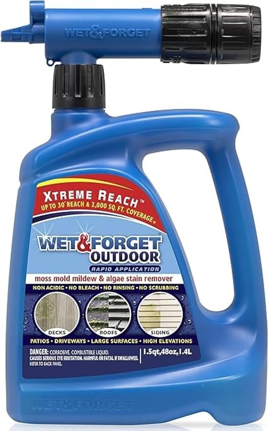 Wet & Forget Outdoor Moss, Mold, Mildew, & Algae Stain Remover Multi-Surface Cleaner, Xtreme Reach Hose End with New & Improved Nozzle, 48 Fluid Ounces
