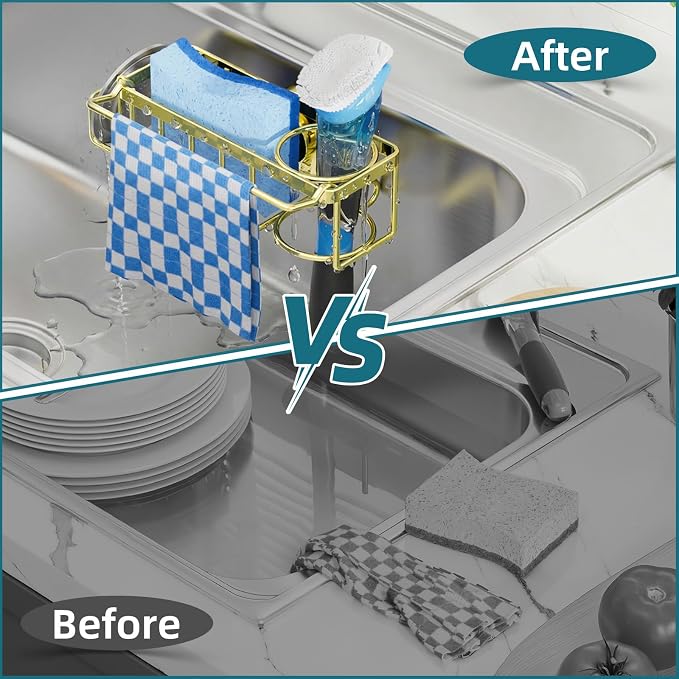 TAILI 4-in-1 Sink Caddy with Strong Suction Cup, Sponge Holder for Kitchen Sink Organizer, Removable, Rustproof, Stainless Steel Holder for Sponge, Brush, Scrubber, Scraper - Gold