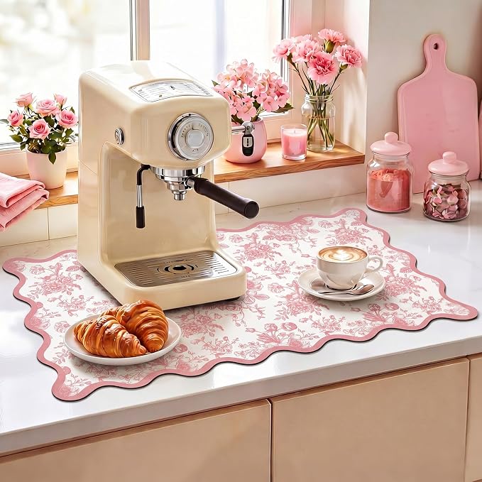 Scalloped Chinoiserie pink floral Dish Drying Mat 12"x20" Absorbent Coffee Mat Cuttable Hide Stain Non-slip Drying for Kitchen Counter Coffee Maker Espresso Machine