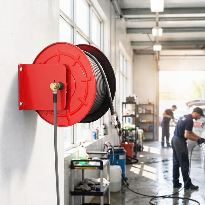 lesolar Pressure Washer Hose Reel100FTx3/8'' / 200FTx1/4'' | Retractable Hand Crank Power Washer Hose Reel,Wall/Floor Mounted Heavy Duty Hose Reel for Water,Red