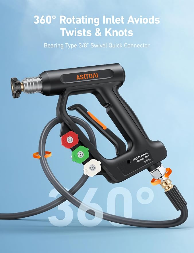 AstroAI Short Pressure Washer Gun with Swivel, 3/8" Quick Connect, 4060 PSI | for High Pressure Washer, 3/8" & 1/4" Quick Connect, with 4 Nozzles, Car Wash, Comfort Grips, Inner Brass, fit Foam Cannon