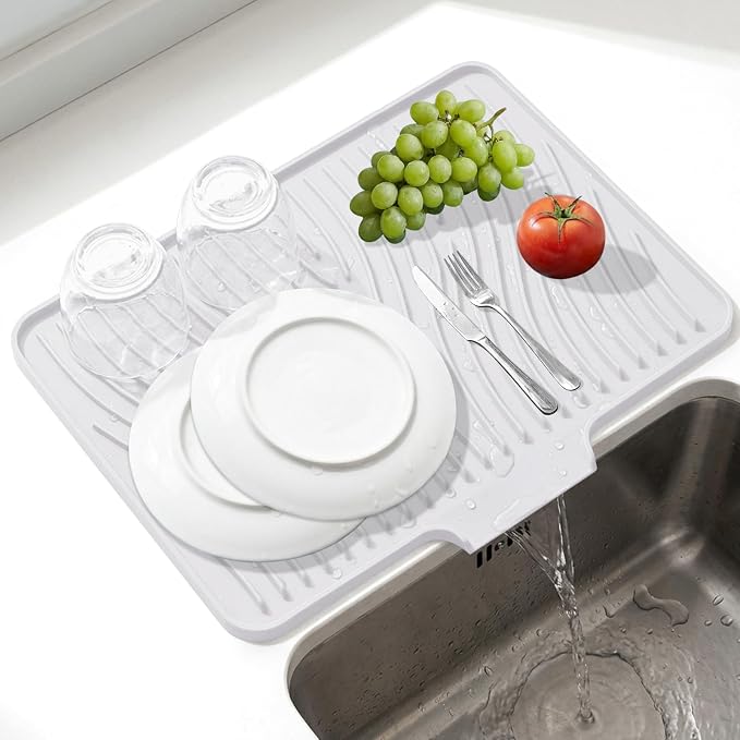 Silicone Dish Drying Mat for Kitchen Counter, Non-Slip Drain Pad with Built-in Drain, Heat Resistant Dish Drying Pad, Multi-Use Drying Mat, Dishwasher Safe & Hangable, White, 19.7" x 15"