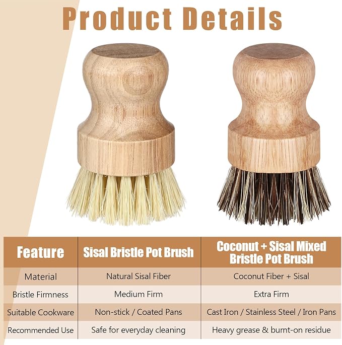 Nuenen 6 Packs Bamboo Dish Scrub Brushes Wooden Scrubbers Set Kitchen Dishwashing Scrubber with Natural Sisal Bristles for Iron Pot Pan Sink (Sisal and Coconut Palm)