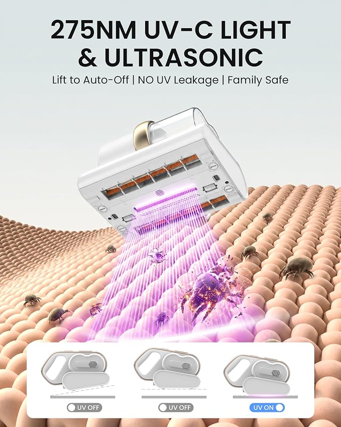 HEAPETS Mattress Vacuum Cleaner, 16Kpa Bed Vacuum with 275nm UV-C Light & 149℉ Heat & Ultrasonic, Dual High-Speed Roller Brushes & H13 HEPA Filter for Pet Hair, Bed, Sofa, Couch, Corded White