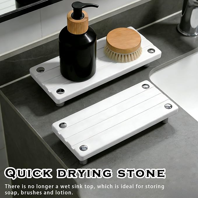 2PCS Instant Dry Sink Caddy for Bathroom Counter, Durable Kitchen Sink Organizer, Diatomite Stone Drying Tray, Upgrade Water Absorbing Stone Tray for Sink, Anti-Slip Stone Soap Tray -White