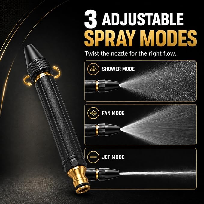 High Pressure Hose Nozzle for Garden Hose, 3/4 in GHT Twist Sprayer | Gaoyashuiqiang Nozzle, direct-fit 3/4" GHT connector, 3 spray modes, leak-resistant brass build for car, patio, yard cleaning