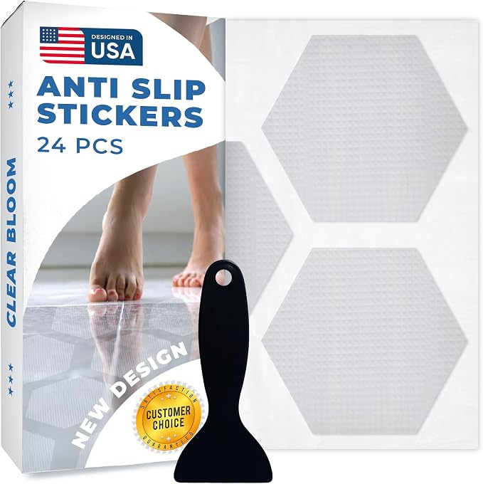 Clear Bloom Anti-Slip Shower Stickers for Tub & Shower Floor — Original Clear Hex Non-Slip Bathtub Stickers, 24 Pack 3.25”, Micro-Pyramid Grip, Scraper Included, Easy Apply