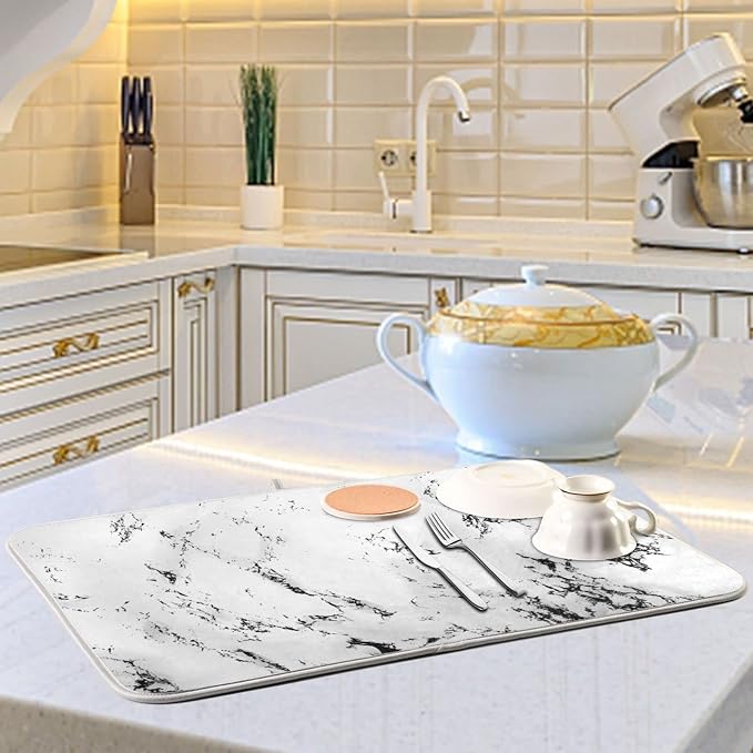 Super Absorbent Dish Drying Mat, Microfiber Fast-Drying Dish Mat, 24" x 18", Kitchen Dish Drying Pad, White Marble