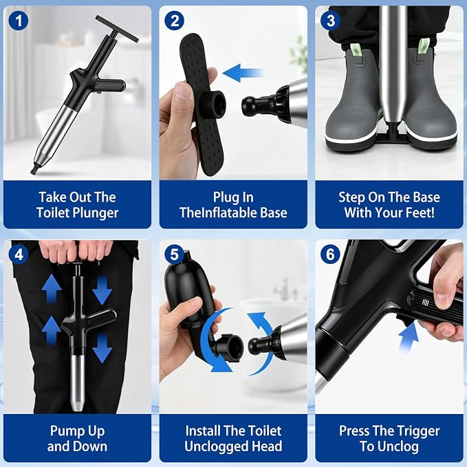 Toilet Plunger, High Pressure Toilet Plunger, Toilet Unclogger Tool for Drain Clog, Heavy Duty Plunger with Gauge, 4 Heads for Bathroom, Sink, Shower