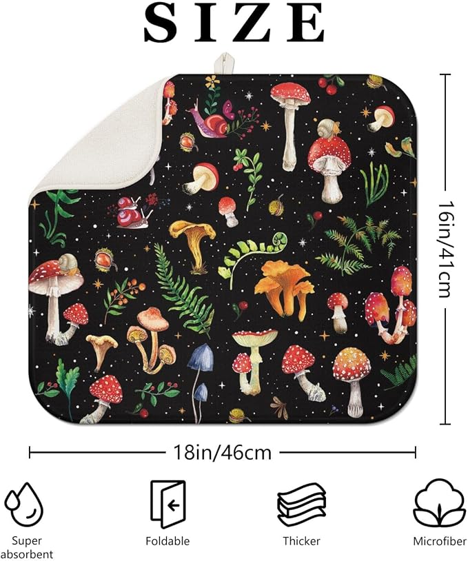 Mushroom Dish Drying Mat for Kitchen Counter Fast Absorbent Microfiber Dishes Drainer Mat for Dishes Drying Pad for Dishes, Utensils, Pots and Pans Kitchen Decor 16x18 in