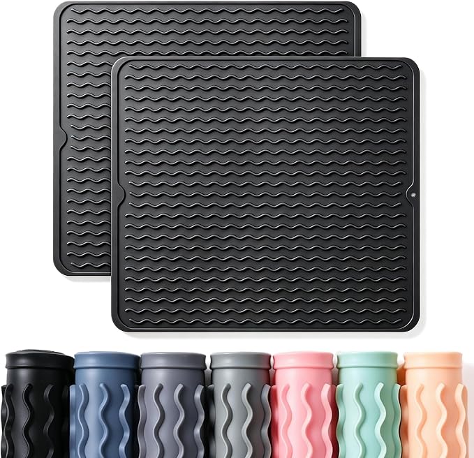 2 Pack Caketime Silicone Dish Drying Mat for Kitchen Counter Under Sink Protector Organizers Cooking Baking Espresso Machine Accessories Appliance Stone Rack Trays Drain Extra Large 18"*16" Black