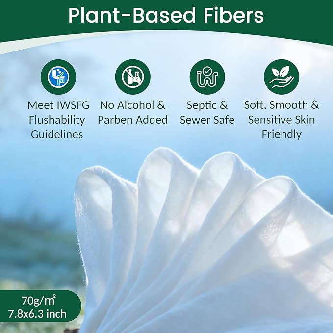 WONDERFUL Flushable Wipes, Mint 100% Plant-Based Wet Butt Wipe for Adults & Kids, Sewer Septic Safe, Gentle for Sensitive Skin, Wipes Flushable Pack for Bathroom & Travel, 6-Pack (360 Count)