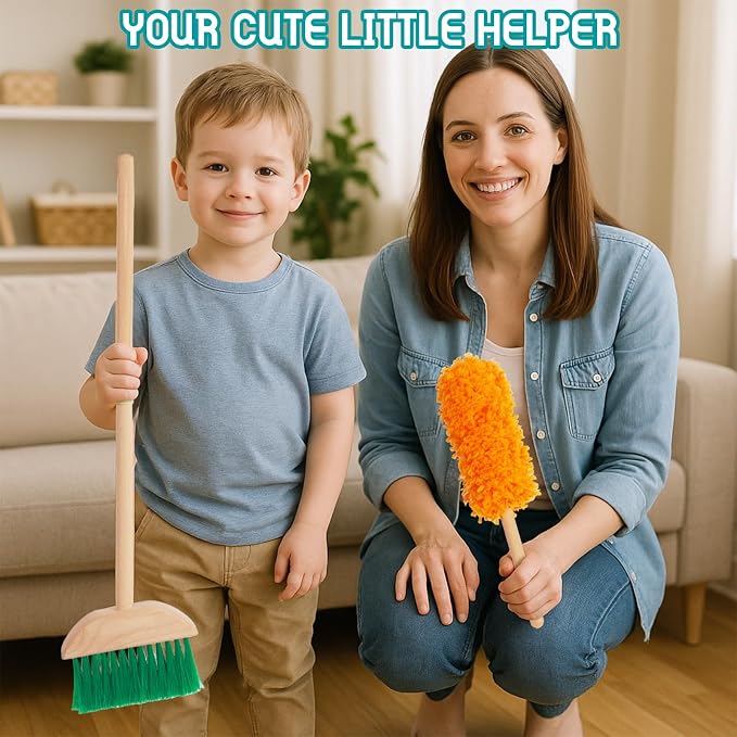 Kids Cleaning Set, Housekeeping Play Broom Set for Toddlers 3-8 | Include Broom Mop Duster Dustpan Brushes Rag,Organizing Stand,Cleaning Toys Gift for Girls Boys,Solid Beech Wood