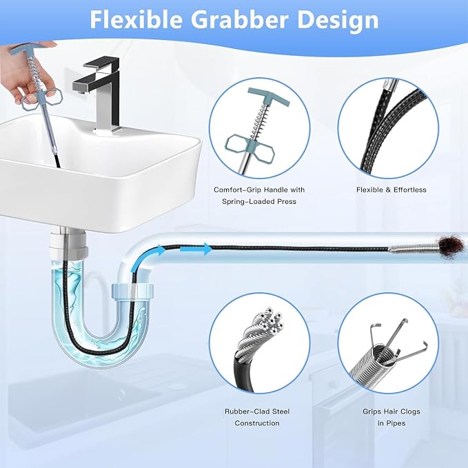 76 Inch Drain Snake Upgraded Ergonomic Grip – Toilet Snake Flexible Grabber Claw for Clog Remover & Pick Up Small Items