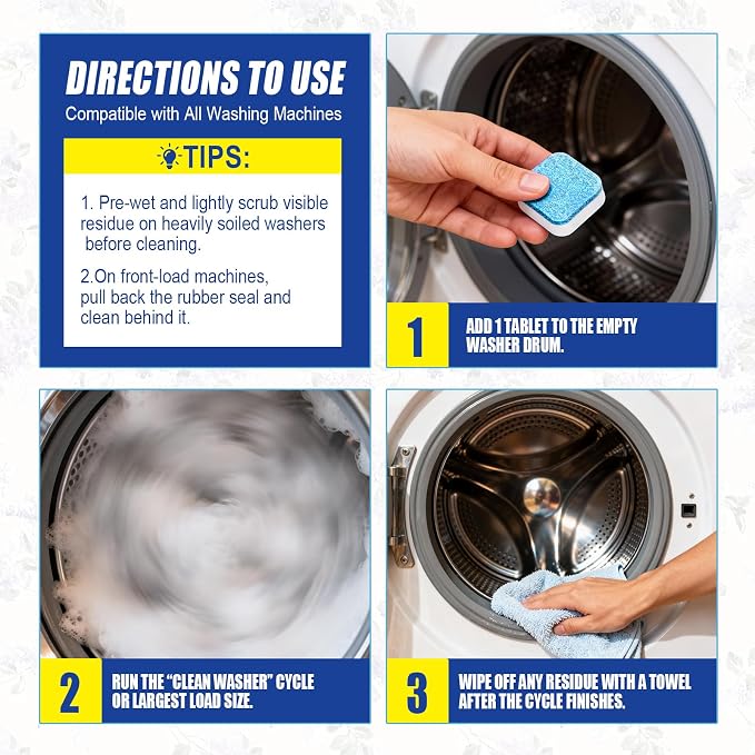 Washing Machine Cleaner Tablets - 24 Pack (12 Month Supply) | HE Compatible for Top & Front Load Washers | Pet-Safe Formula Eliminates Odors, Lint & Detergent Buildup