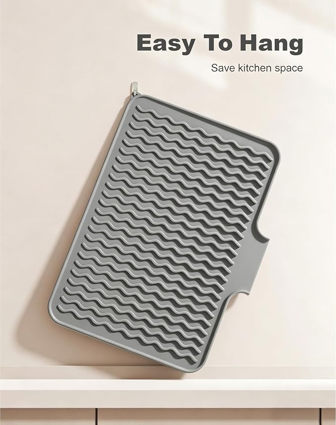 Rnivvi Silicone Dish Drying Mat for Kitchen Counter, 16 x 12" Fast Drainage Dish Rack Pad Drying Mats, Non-Slip Countertop Protector Heat Resistant Trivet, Easy to Clean Sink Drip Pad for Dishes, Gray