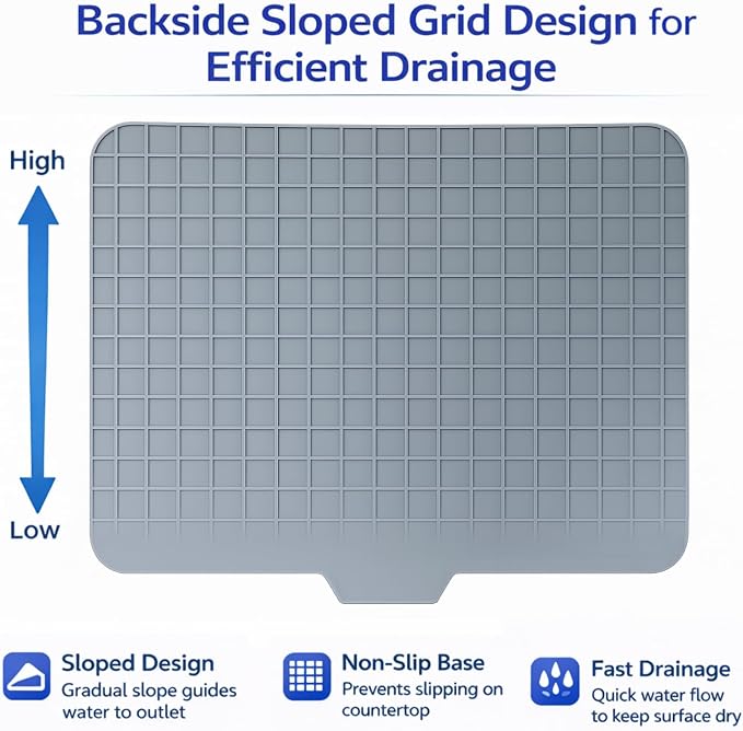 Large Silicone Dish Drying Mat – 23"x17" Sloped Sink Draining Tray with Sponge Holder for Kitchen Counter, Angled Surface for Water Drainage, Silicone Rack Mat with Drain Lip(Gray)