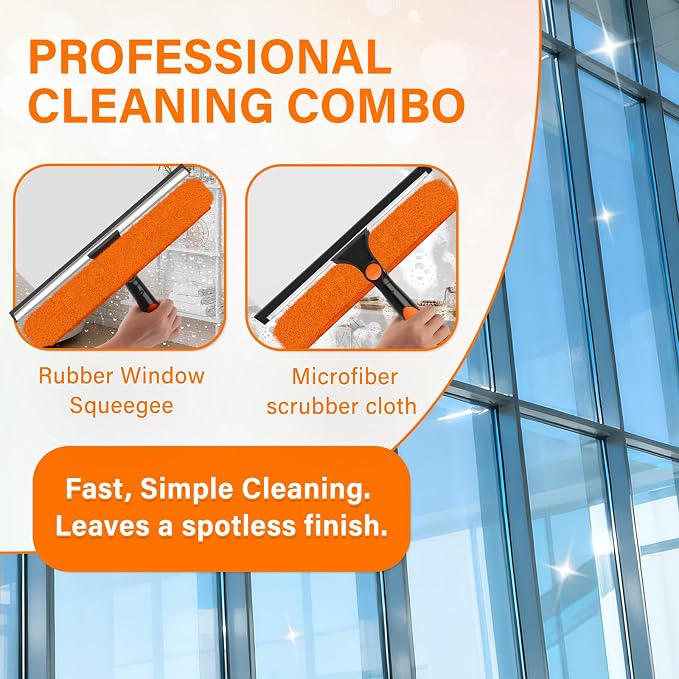 14" Extra-Wide Window Squeegee with Extension Pole, 30FT High Reach Window Cleaning Kit with- 2-in-1 Professional Window Scrubber & 5-24FT Extension Pole, for Indoor & Outdoor High Windows,RVs