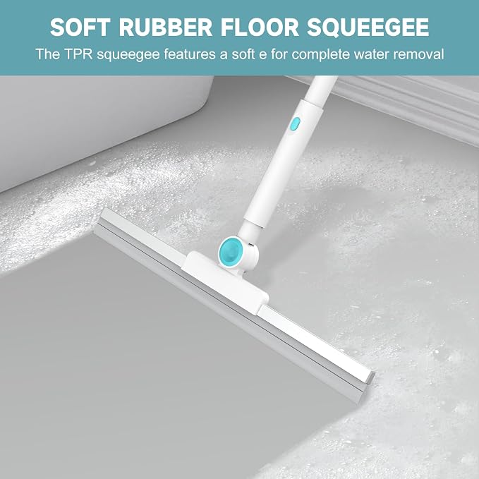 nacena Shower Scrubber with Long Handle, 4 in 1 Tile Tub Scrubber Brush with 3 Detachable Cleaning Shower Heads and Floor Squeegee Shower Cleaner Brush for Bathroom Kitchen Tub Sink Floor, Blue White