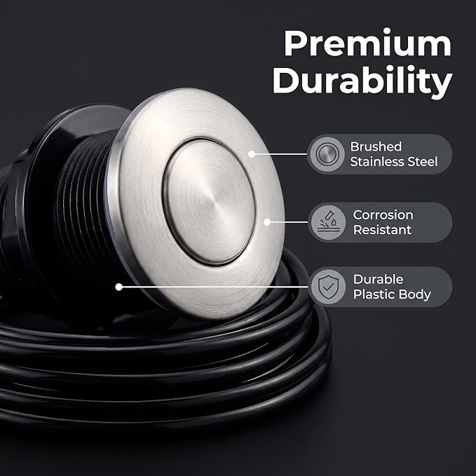 Garbage Disposal Air Switch Button Kit with 5ft Air Hose & Sink Hole Cover, Sink Top Push Button Replacement, Stainless Steel Waterproof Air Activated Switch for Kitchen Disposal, Universal Fit