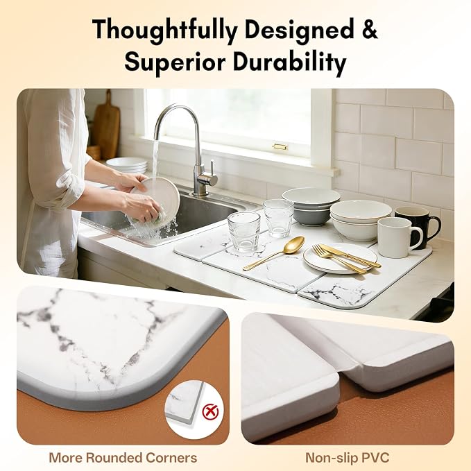 Stone Drying Mat for Kitchen Counter, Foldable Quick-Dry Dish Drying Mat, Water-Absorbent Marble Diatomaceous Earth Mats for Dishes, Cups & Bottles on Any Countertop(20"x16")