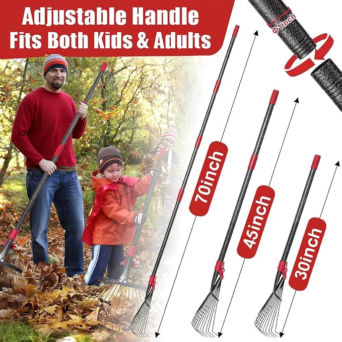 Collapsible Garden Rake, 8"-17" Expandable Metal Leaf Rake with 70" Long Handle, Lightweight Yard Rake for Leaves, Pine Needles, Flower Beds, Shrubs, Small Lawns and RV Camping