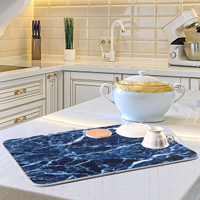 Super Absorbent Dish Drying Mat, Microfiber Fast-Drying Dish Mat, 24" x 18, Kitchen Dish Drying Pad, Navy Blue Marble…